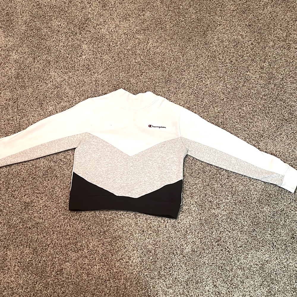 White, Black, and Grey Champion Sweatshirt. Fuzzy and comfy. Size Medium.